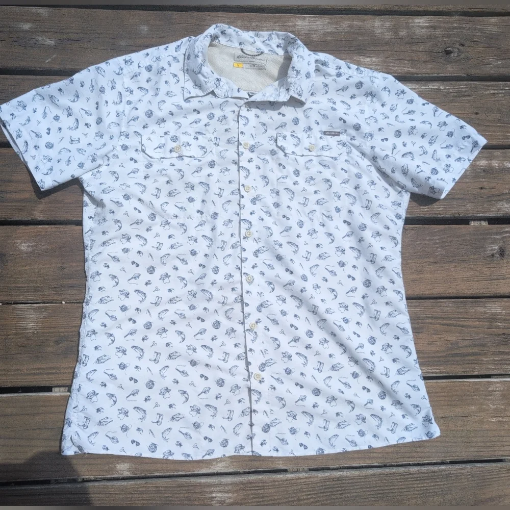 Eddie Bauer Men's Fly Fishing Patterned Short Sleeve Shirt, Size XLT - Picture 1 of 6